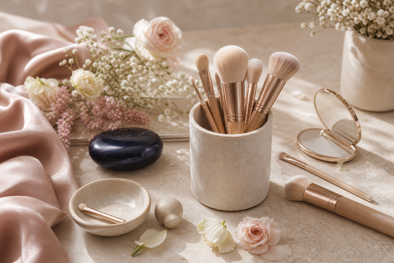 Pinceaux, fleurs et satin dans une nature morte originale
